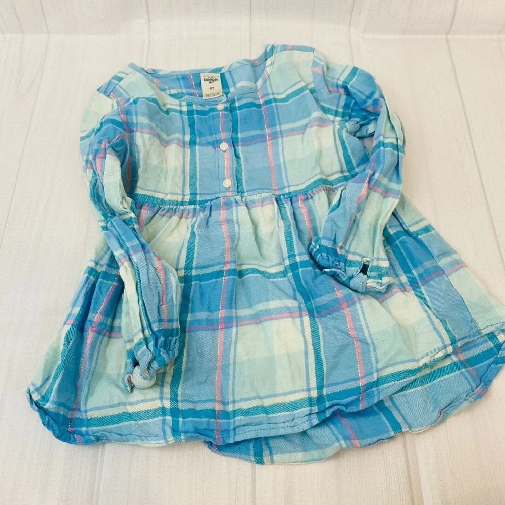 OshKosh Blue Plaid Top Kids Girls Size 4T Metallic Country Holiday Western